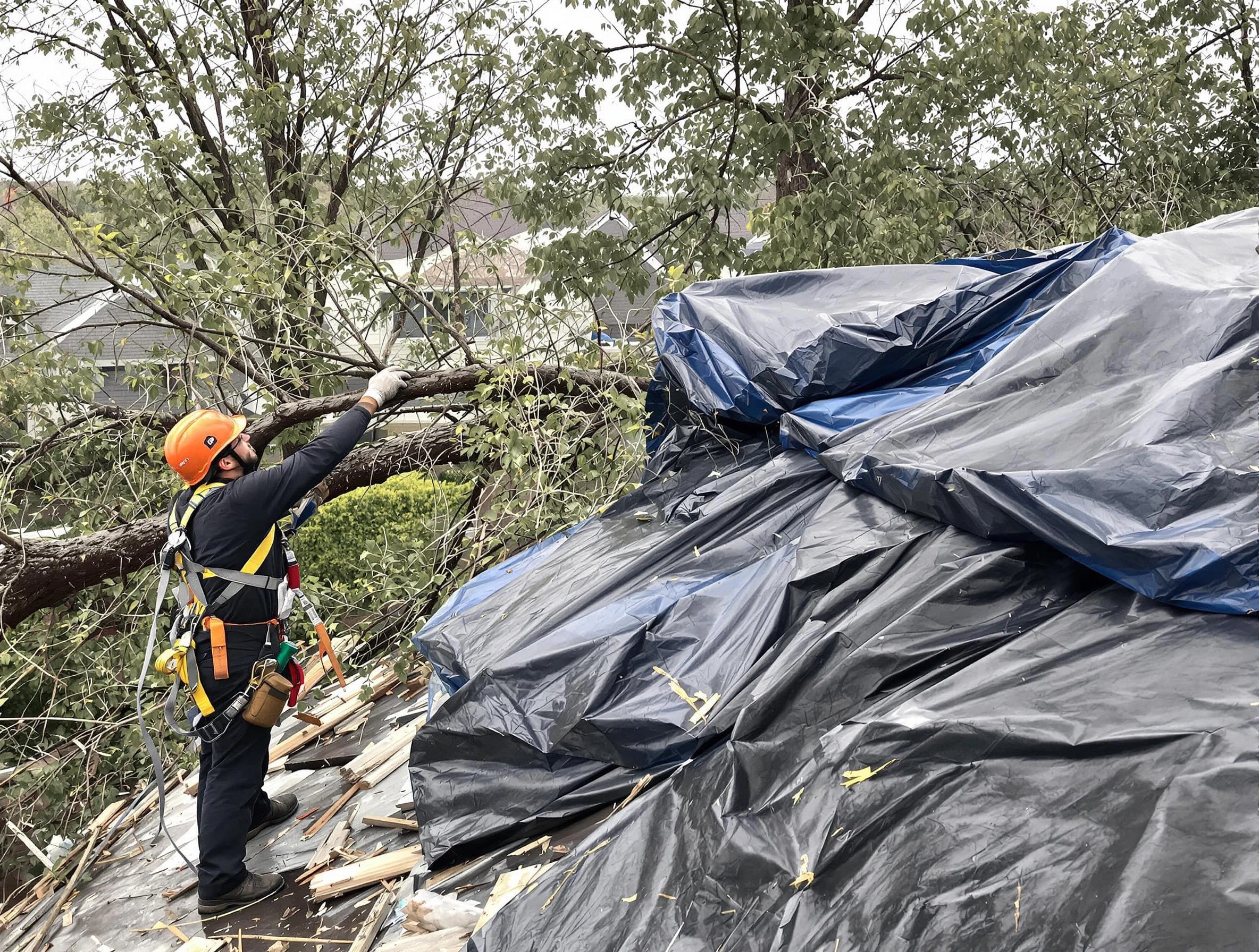 A tarped roof after storm damage repaired by Avon Lake Roofing Company in Avon Lake, OH