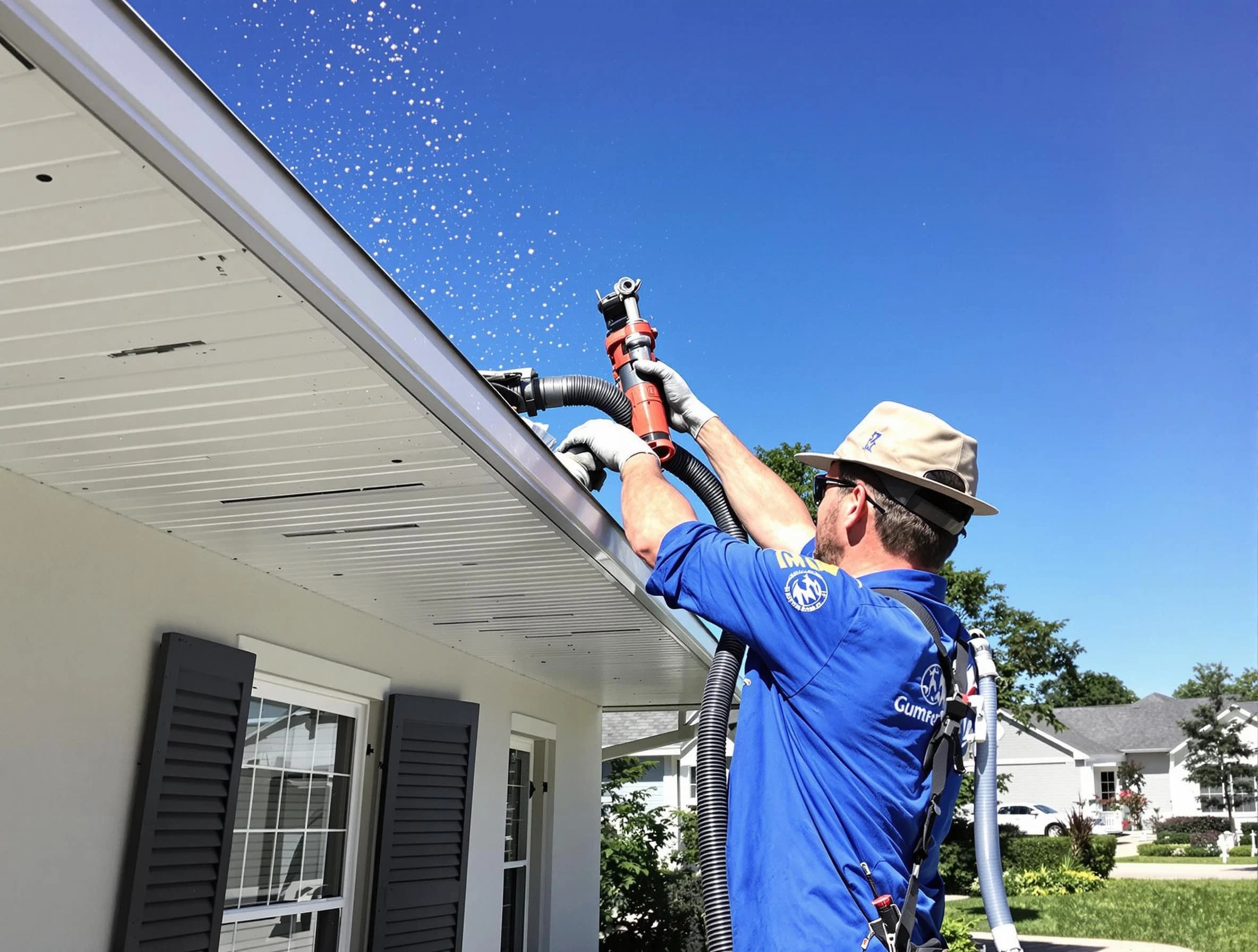 Technician completing a gutter cleaning project by Avon Lake Roofing Company in Avon Lake, OH