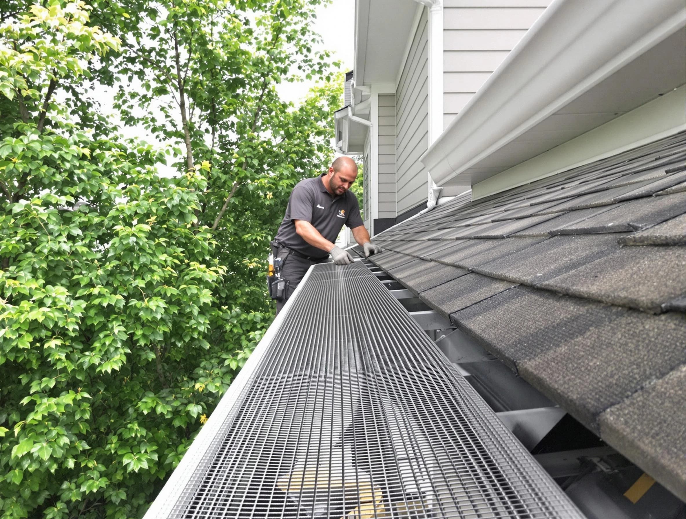 Close-up of gutter guards installed by Avon Lake Roofing Company in Avon Lake, OH